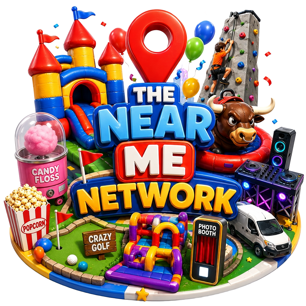 The Near Me Network party scene with a bouncy castle, rodeo bull, climbing wall, candy floss, popcorn, crazy golf, photo booth, DJ equipment and a delivery van