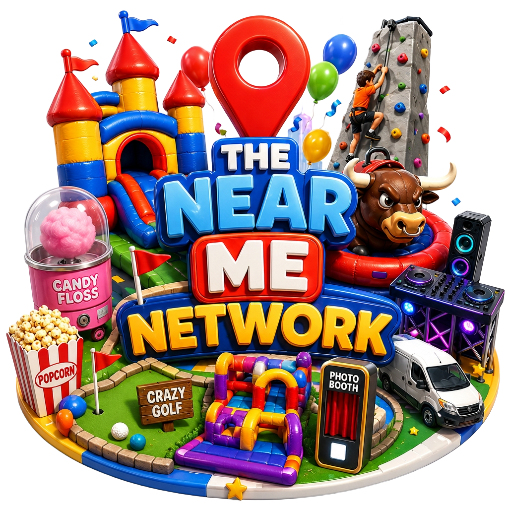 The Near Me Network party scene with a bouncy castle, rodeo bull, climbing wall, candy floss, popcorn, crazy golf, photo booth, DJ equipment and a delivery van
