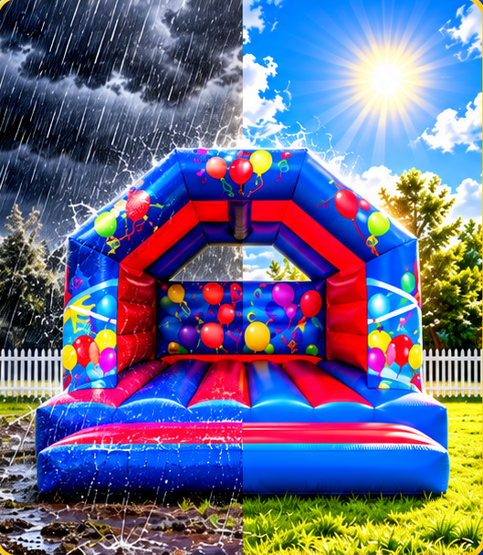 Bouncy castle in rain and sunshine
