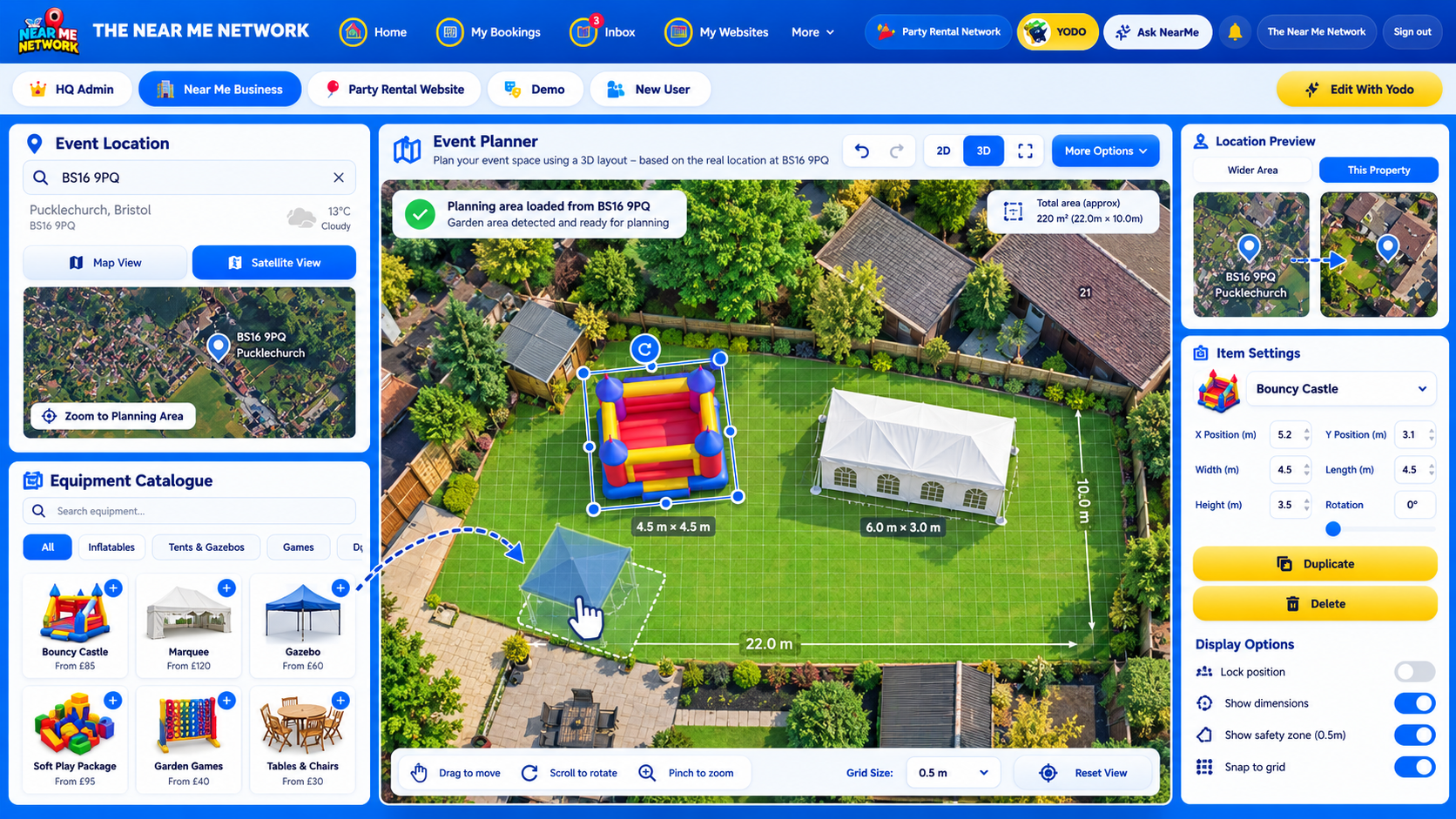 3D Event Planner showing a garden with a bouncy castle, marquee and gazebo on a measured grid